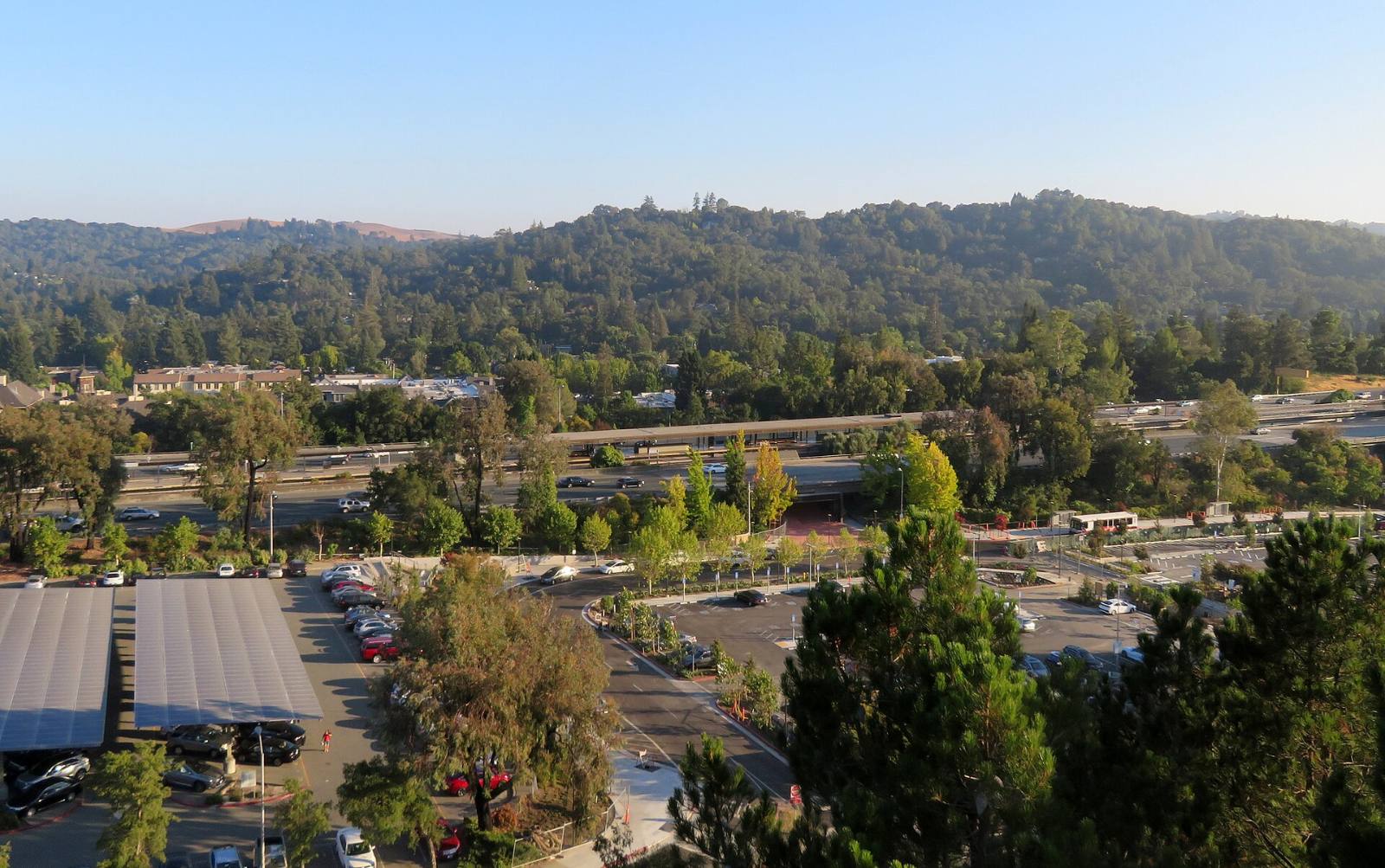 Lafayette BART station, its parking lots and Highway 24 seen from Cross Hill near Deer Hill Road, Lafayette, California, August 2018