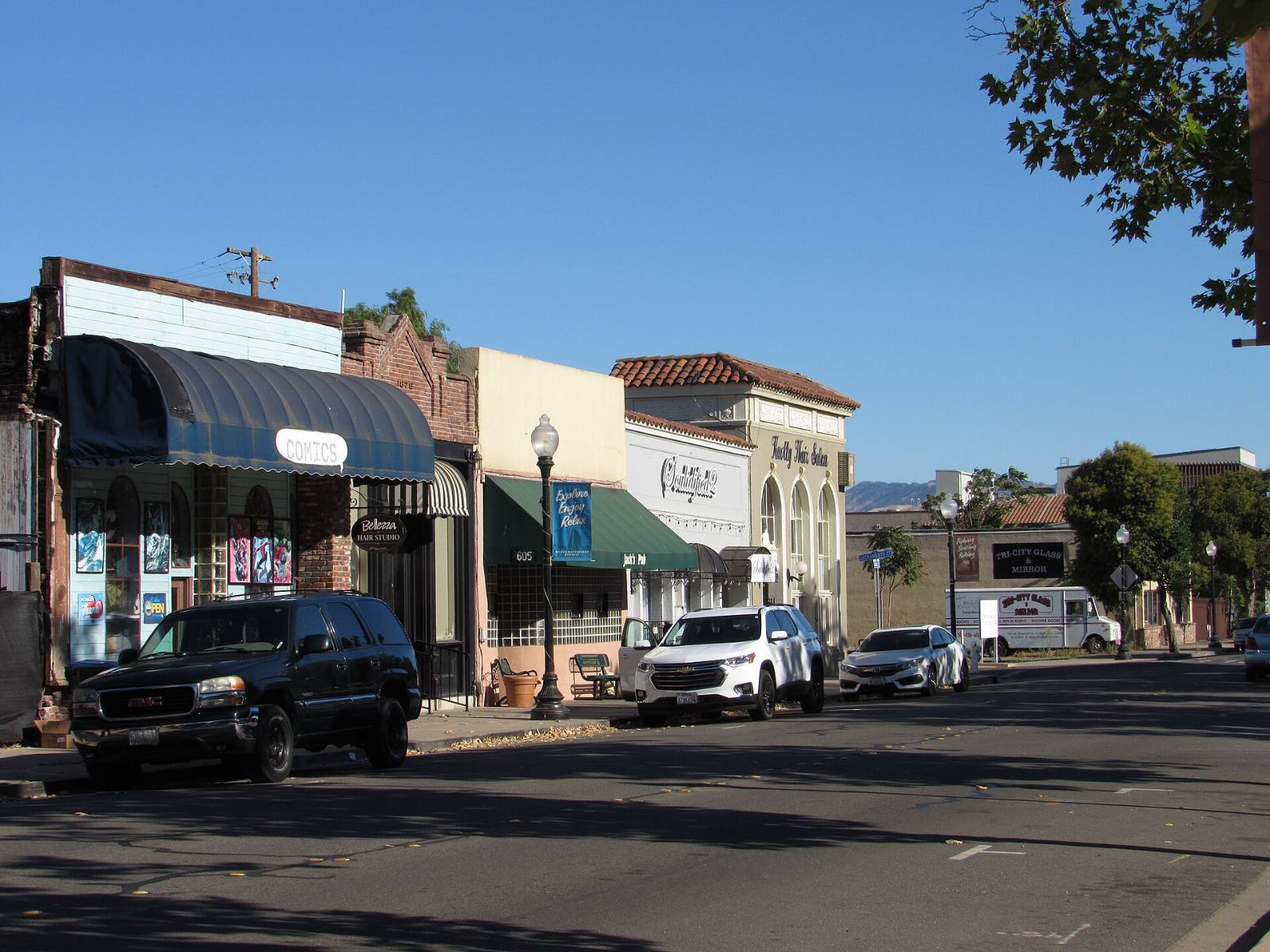 Main Street in downtown Suisun City, California, looking down the street, August 2022