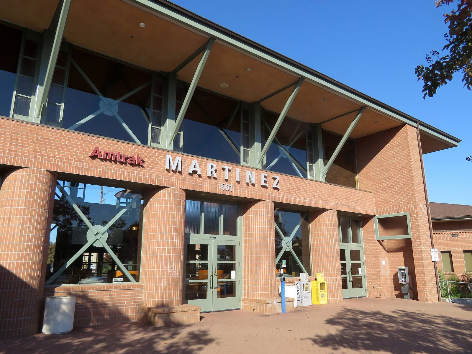 The main entrance to the Amtrak station on Marina Vista Avenue in Martinez, California, November 2019