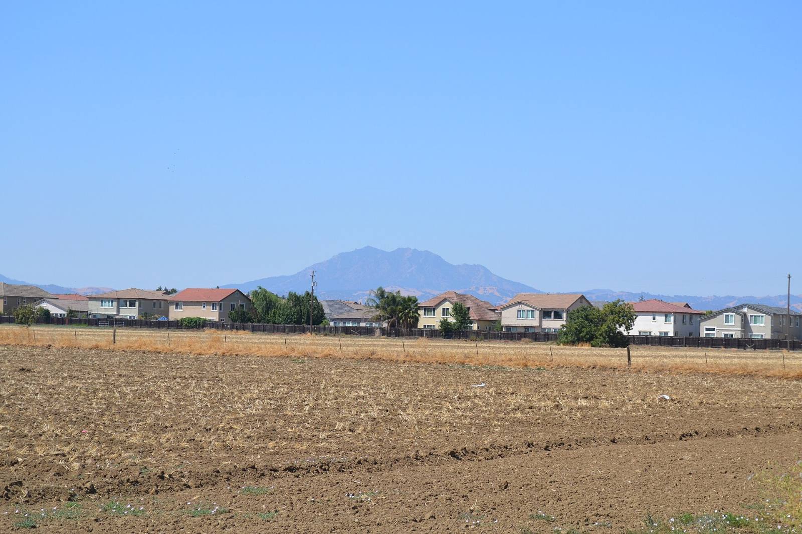 A row of newer two-story homes behind a plowed field near Brentwood, California, with Mount Diablo behind, August 2013