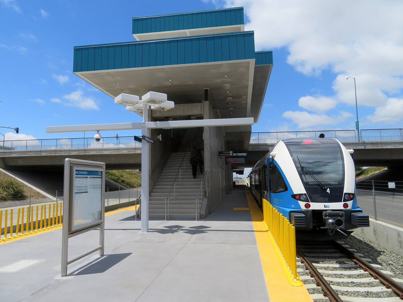 BART to Antioch train at the Pittsburg Center station platform in the Highway 4 median, May 2018