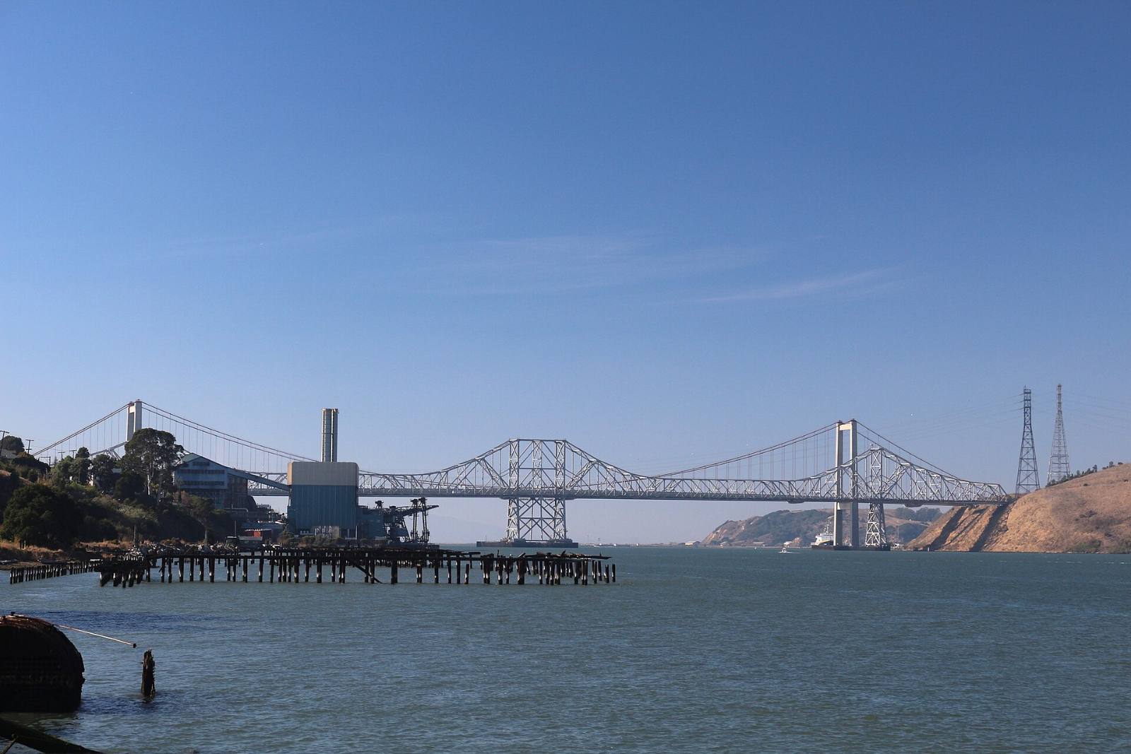 Carquinez Bridge between Contra Costa and Solano counties, seen from Eckley Pier, 2015