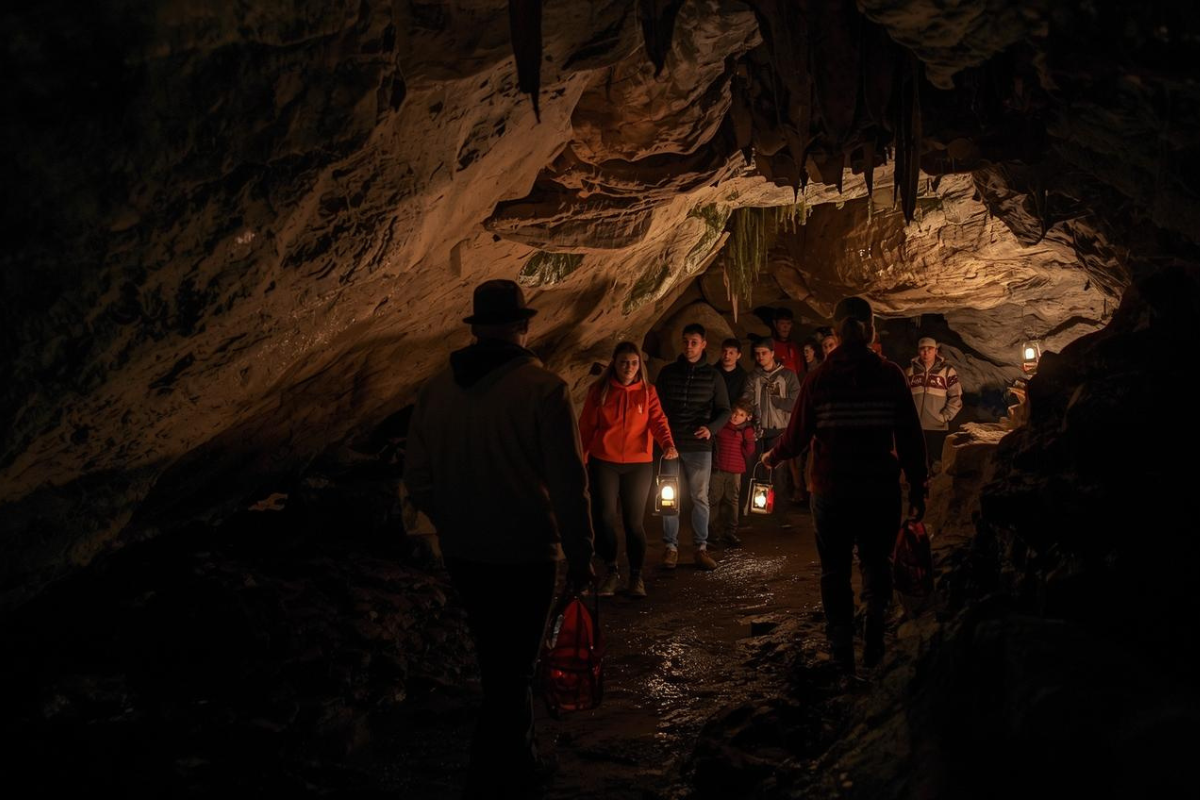 Guided lantern-lit cave tour with eerie stories and ghostly legends for Halloween night.