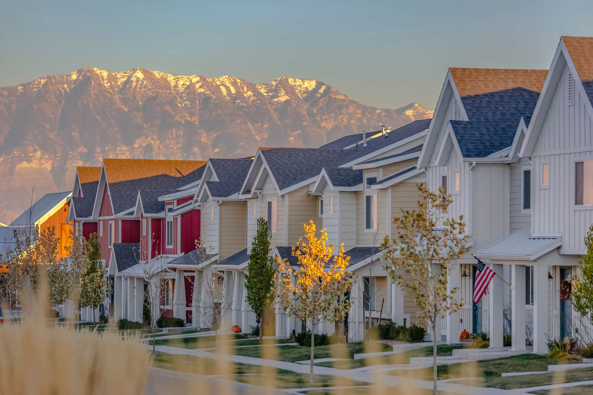 suburban houses mountain backdrop