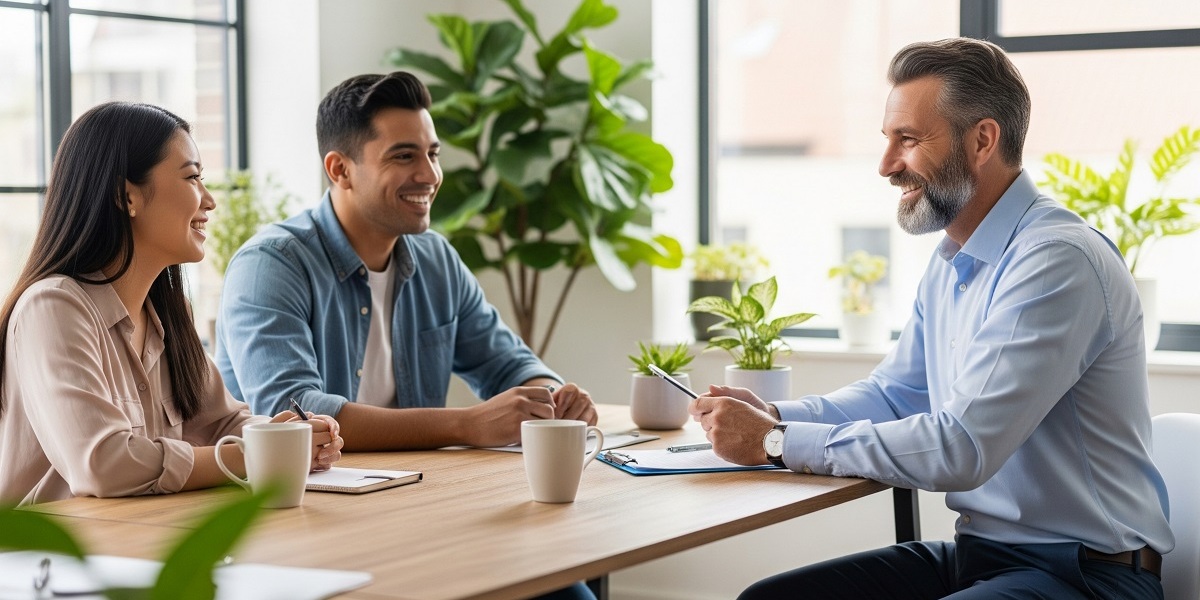 Confident Real Estate Agent Advising Diverse Couple in Relaxed Office Setting