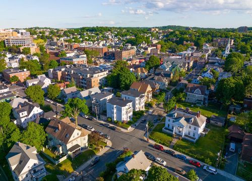 aerial suburban neighborhood view