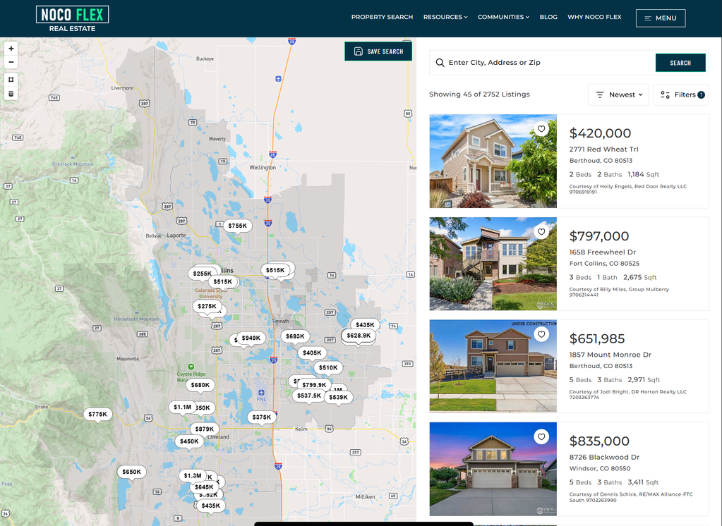 screenshot of the NoCo Flex property search page showing a map of listings with various price points and more listing details along the right side of the page