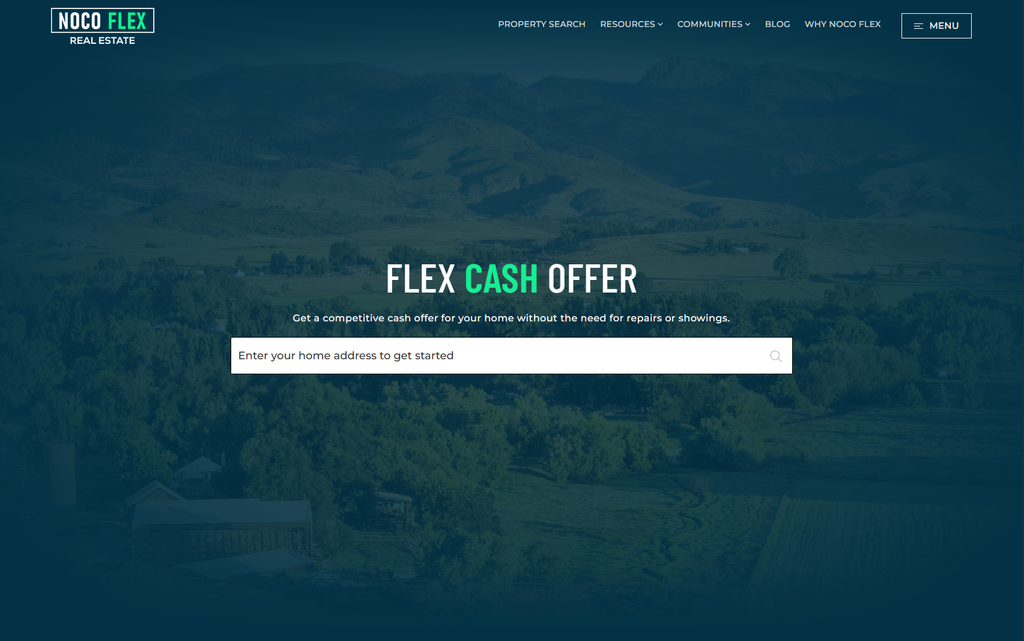 a screenshot of the NoCo Flex Real Estate 'Flex Cash Offer' webpage showing a single text entry box on a blue background to be used to submit property addresses for a cash offer request