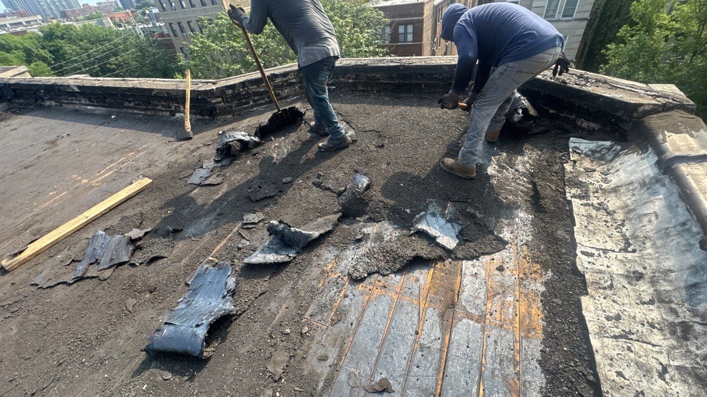 Exposed roof deck during the flat roof replacement