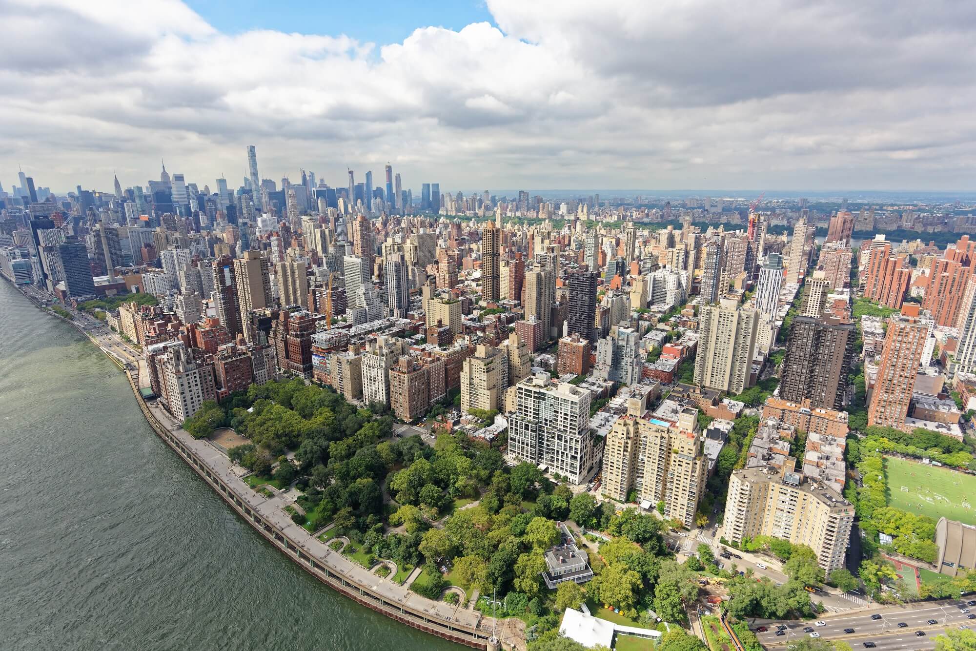 Wide-angle aerial view over Yorkville and Upper East Side, Manhattan