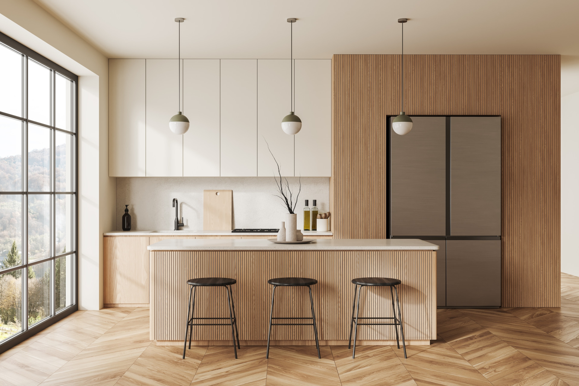 Beige,Home,Kitchen,Interior,With,Bar,Island,,Fridge,And,Shelves