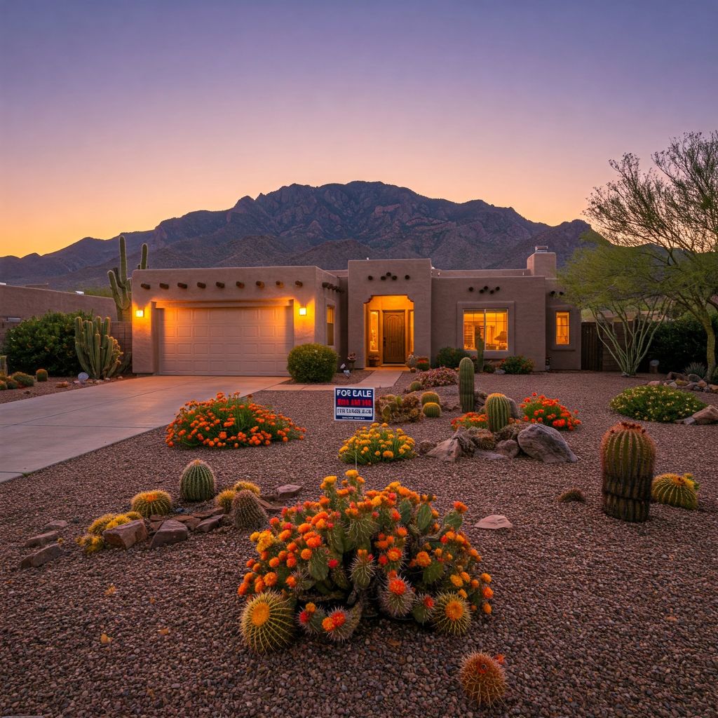 An AI Generated A wide-angle, photorealistic image captures a beautifully maintained, single-story Southwestern-style home situated in Tucson, Arizona. The listing ready home is bathed in the warm, golden light of the late afternoon or early evening, casting long, subtle shadows across the gravel and desert landscaping in the front yard. The house features a flat roof with parapet walls, a stucco exterior in warm beige tones, and visible architectural details characteristic of the region. A paved driveway leads to an attached two-car garage on the left side of the house. The front entrance is subtly lit and features a dark wooden door recessed under a covered porch. Prominently displayed in the center of the front yard is a white real estate sign with a blue and white section at the bottom of the sort used by the best real estate agents in Tucson.. The words "FOR SALE" are clearly visible on the sign. The foreground showcases meticulously arranged drought-tolerant landscaping, typical of the Sonoran Desert. Various species of cacti, including barrel cacti and prickly pear, along with a variety of succulents and flowering plants with orange and yellow blooms, are scattered across a bed of small, light-colored gravel. In the background, the majestic, rugged peaks of the Catalina Mountains rise against a clear, pale sky transitioning from a light blue near the horizon to a softer, dusky hue overhead. The overall color palette is warm and earthy, reflecting the natural tones of the desert environment. There are no people visible in the scene, emphasizing the serene and still atmosphere of the desert evening. The image is in high definition, capturing intricate details of the architecture and the textures of the desert flora and the distant mountains. Best realtor tucson, best realtor oro valley, best realtor southern arizona, best keller williams agent