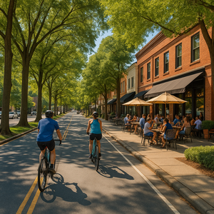 Cyclists passing cafés on tree-lined East Boulevard in Dilworth