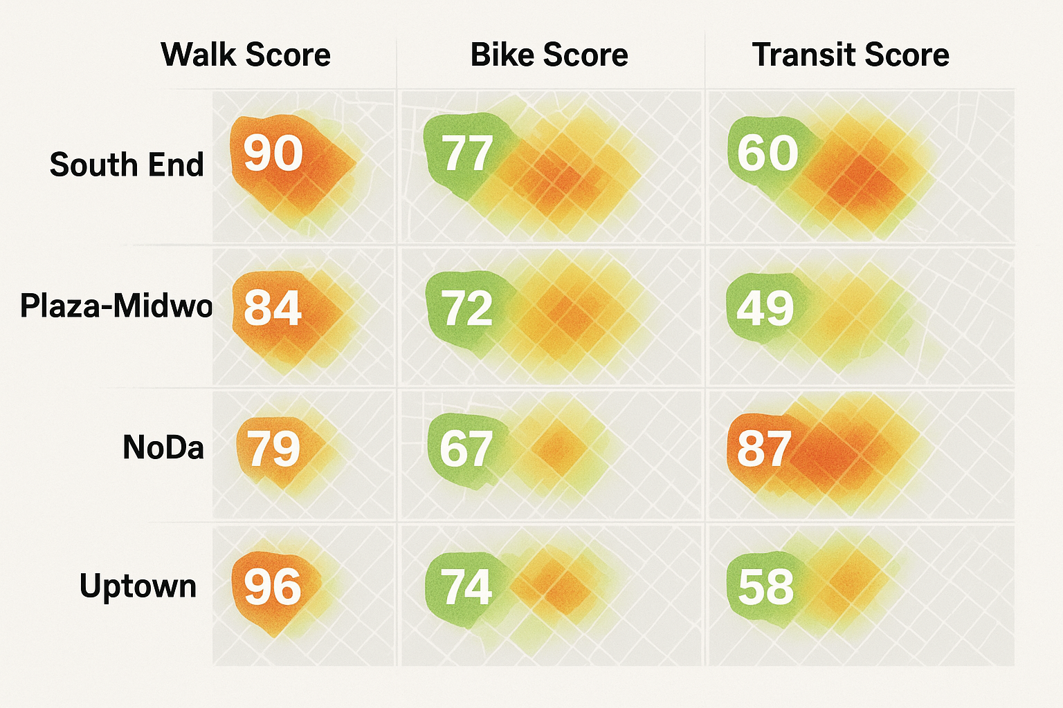 Heat-map graphic comparing walk, bike, and transit scores of five Charlotte neighborhoods