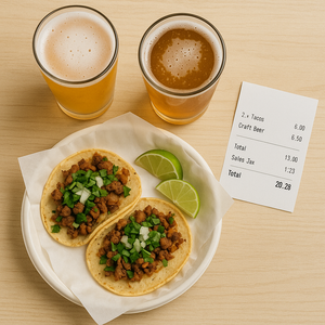Craft beers and tacos showing typical $6–$8 drink and $15–$25 entrée costs
