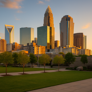 Skyline view from Romare Bearden Park at golden hour