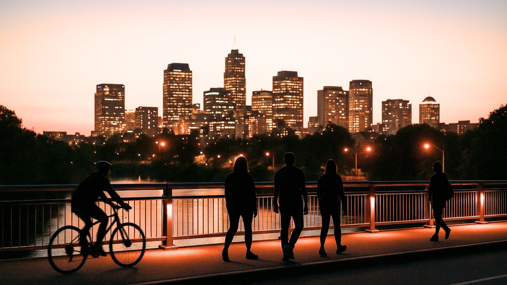 Charlotte skyline at dusk viewed from the Rail Trail footbridge