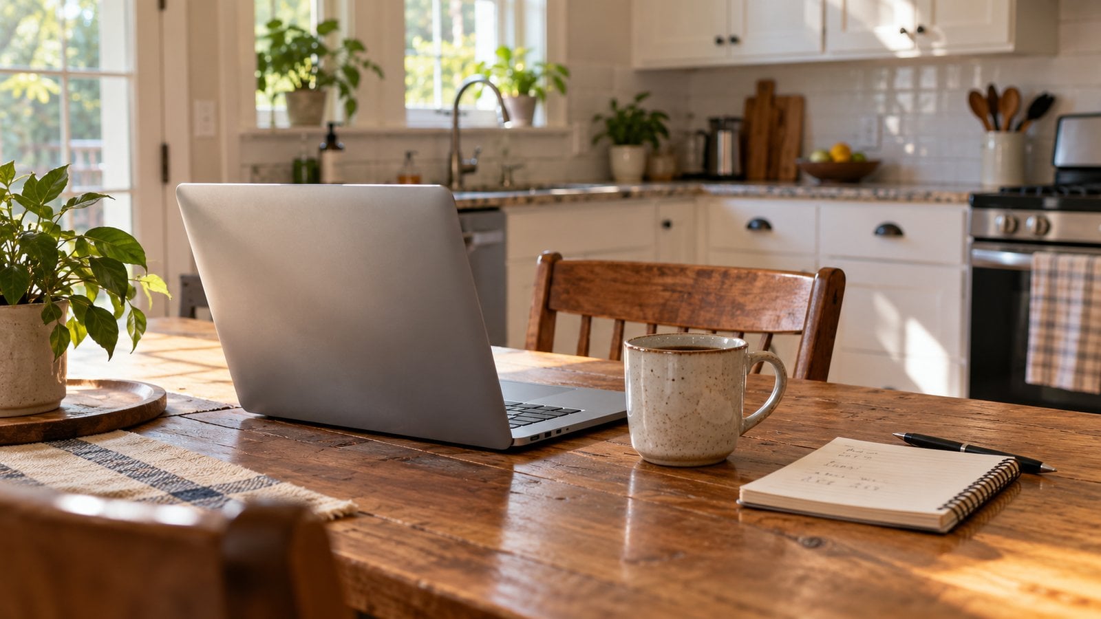 Laptop, coffee mug, and notepad on a wooden kitchen table in a sunny kitchen