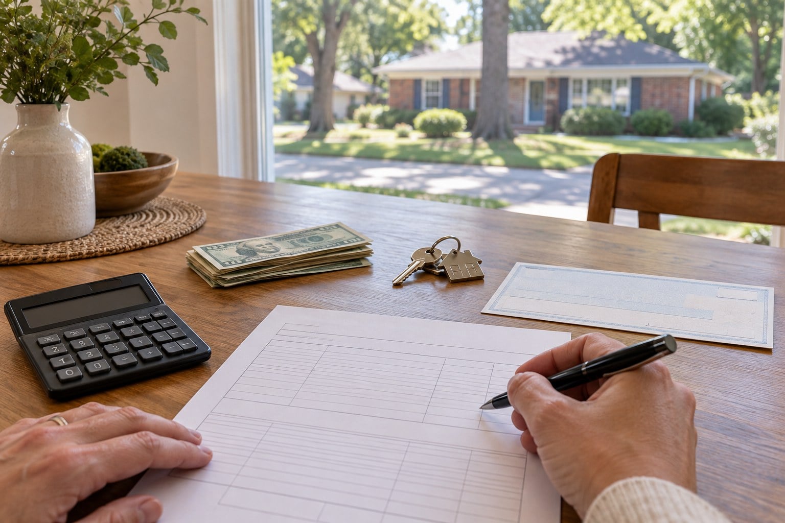 Calculator, closing-cost worksheet, cash, house keys and a check on a kitchen table, with a brick ranch home visible through the window