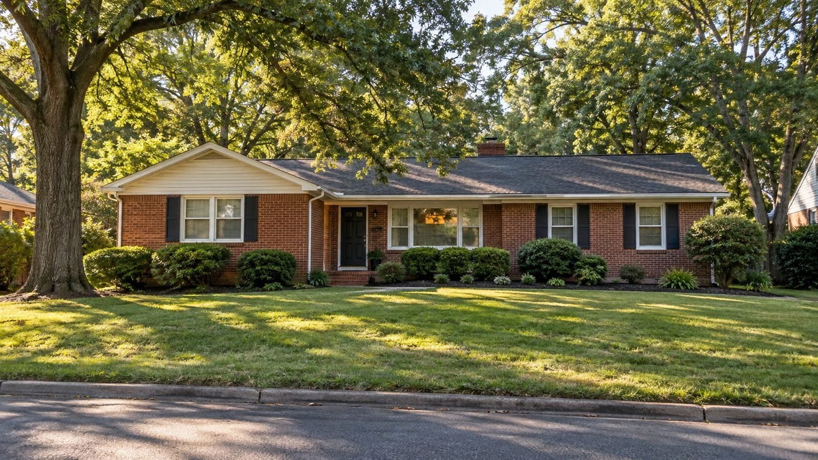Brick ranch home with mature trees in a Charlotte, NC neighborhood