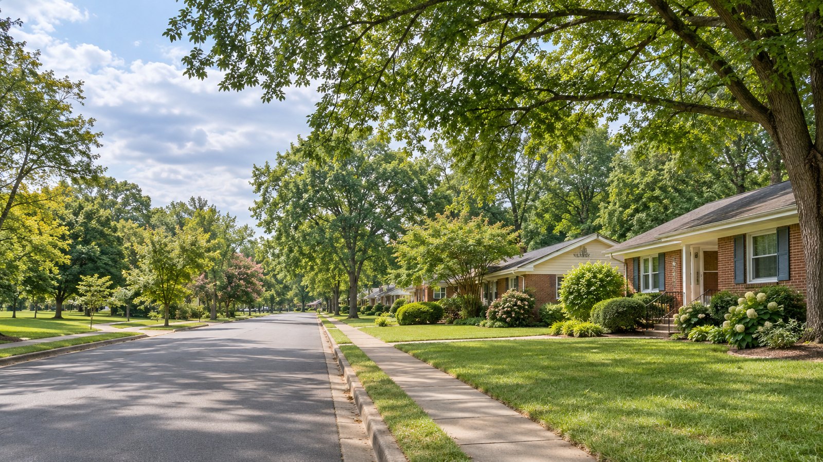 Tree-lined street of brick ranch homes in the Howie Acres neighborhood of East Charlotte, NC