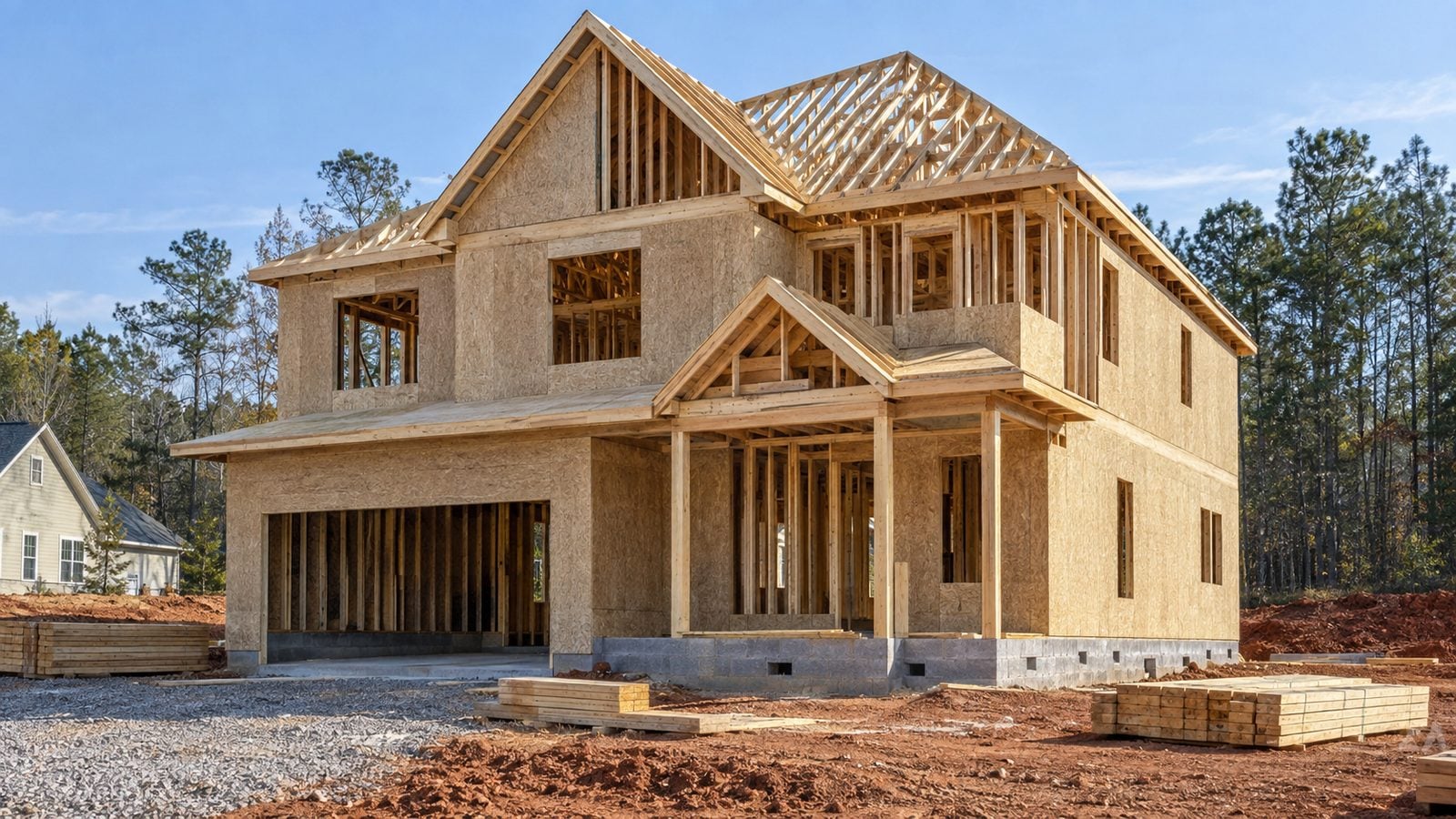 New two-story home under construction with framing and roof trusses visible
