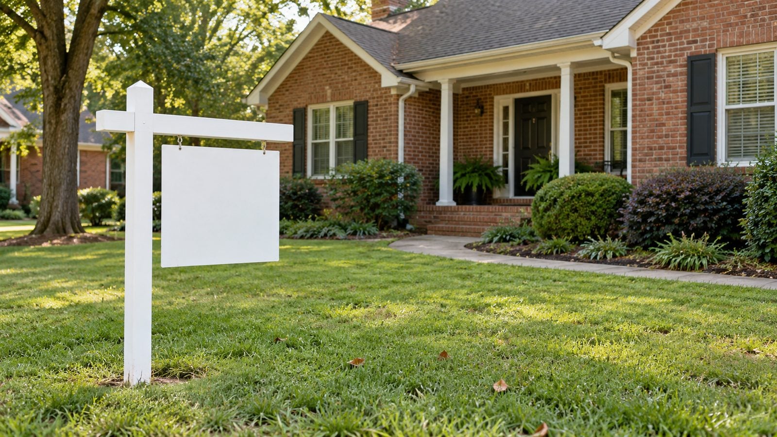 Blank white real estate yard sign in the front lawn of a brick Charlotte home