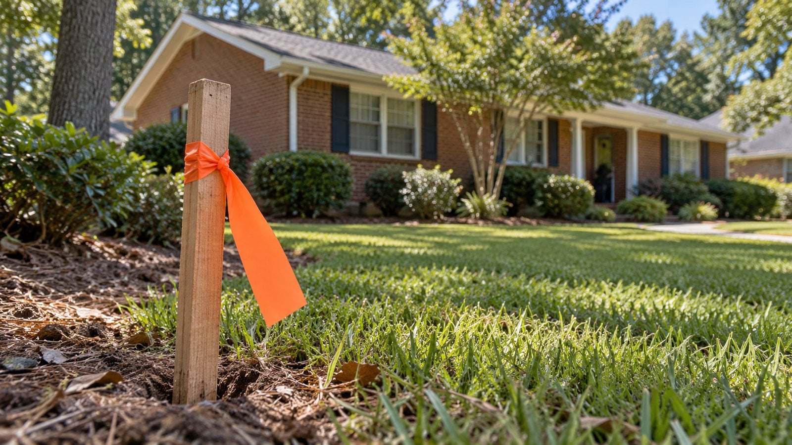 Wooden survey stake with orange flagging tape at the edge of a front yard, brick ranch home in the background