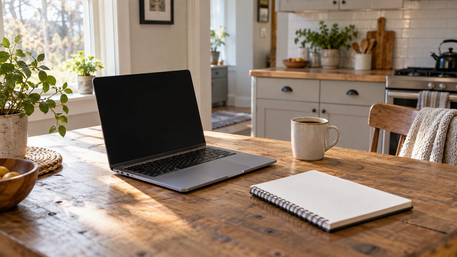 Laptop, notepad and coffee cup on a kitchen table in morning light