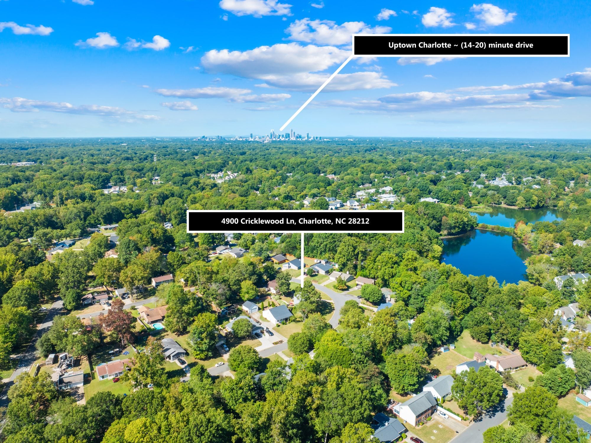 Aerial view toward Uptown Charlotte at 4900 Cricklewood Lane