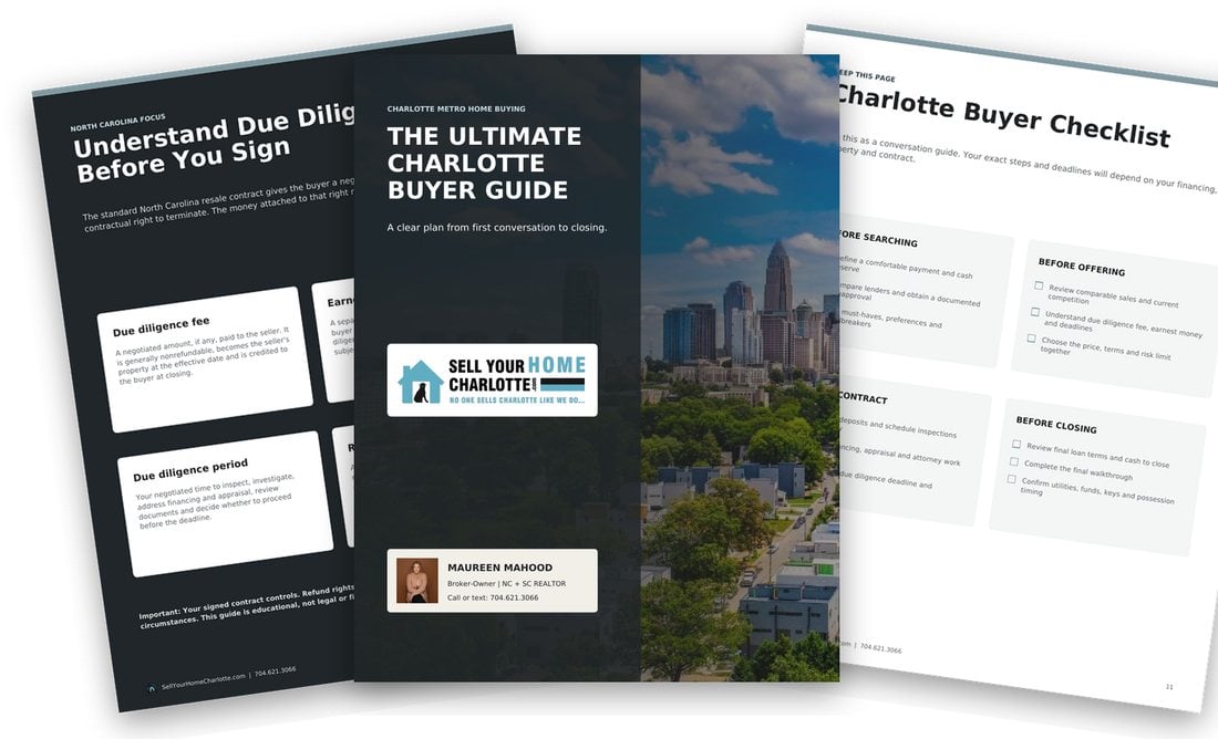 Pages from The Ultimate Charlotte Buyer Guide: the cover, the North Carolina due diligence page and the buyer checklist
