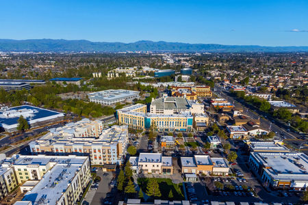Santa Clara County - Aerial view of Main Street Cupertino residential and commercial neighborhood in San Francisco Bay Area, California