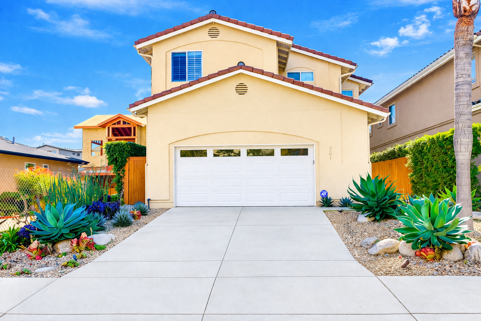 Bright suburban home with vibrant landscaping