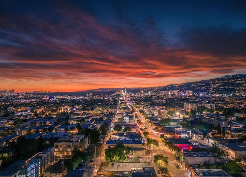 Aerial-panorama-of-city-of-West-Hollywood-art-dusk