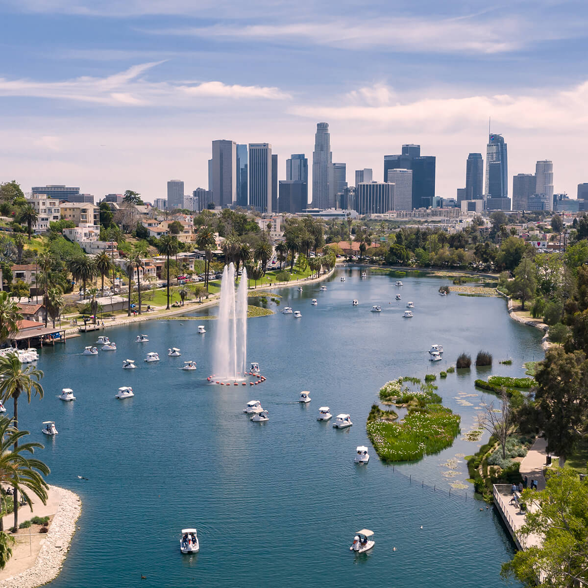 Aerial-view-of-Echo-Park-with-downtown-Los-Angeles