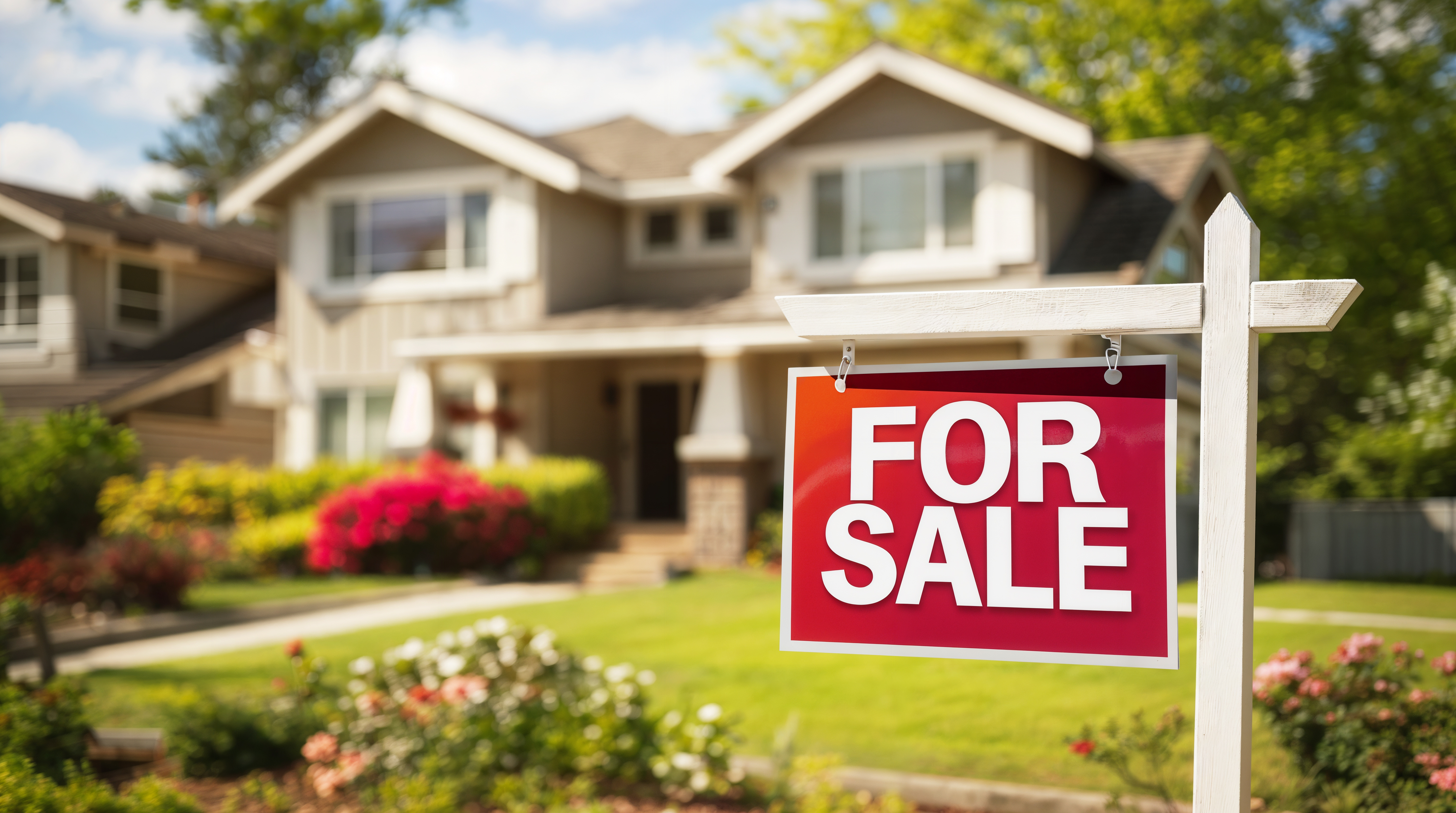 For sale red sign in front of a beautiful classic suburban house, real estate concept, residential home for sale, new property hd