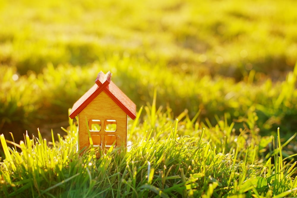 Small,Wooden,Toy,House,On,A,Background,Of,Green,Grass
