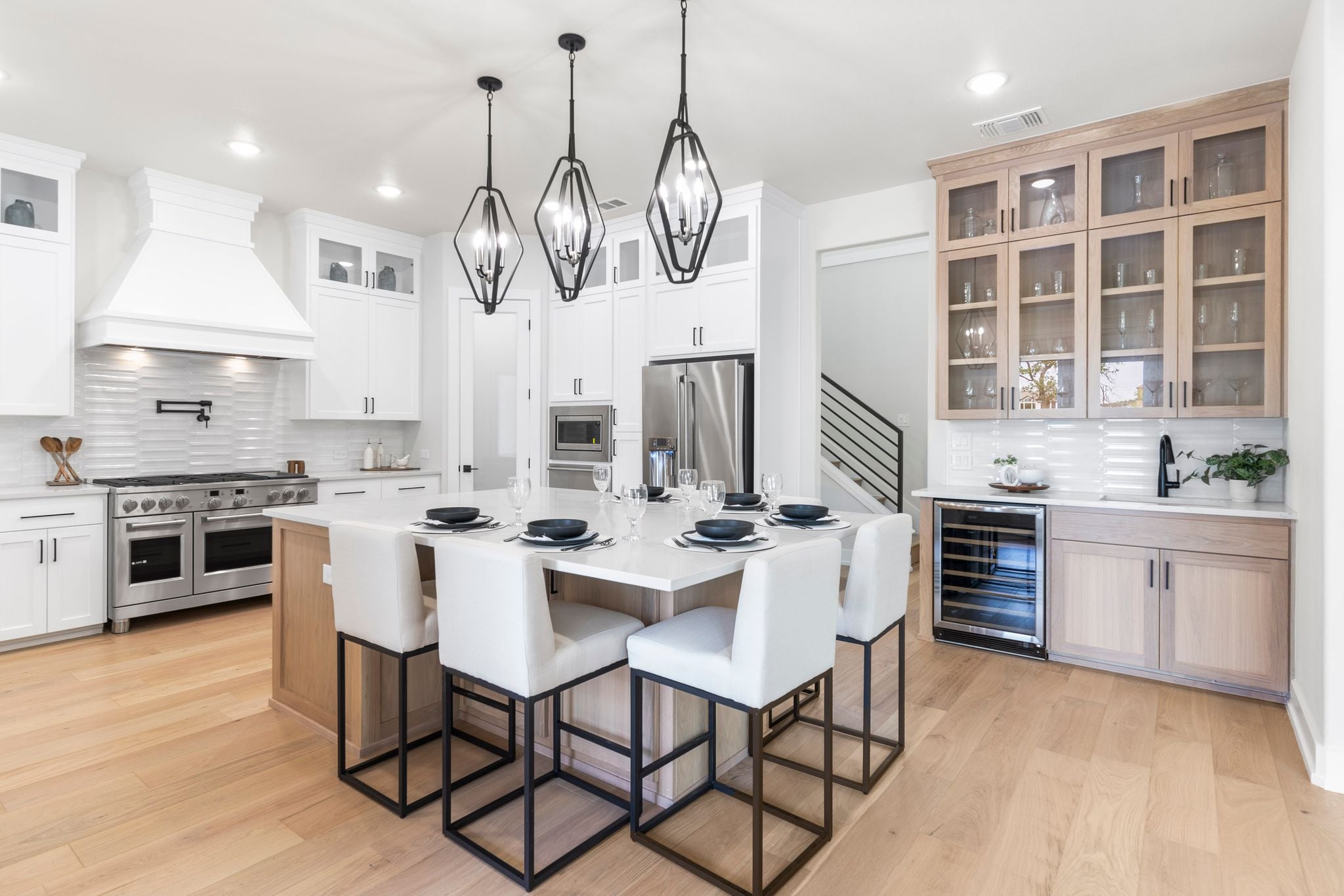 Carothers kitchen island and stainless steel appliance package