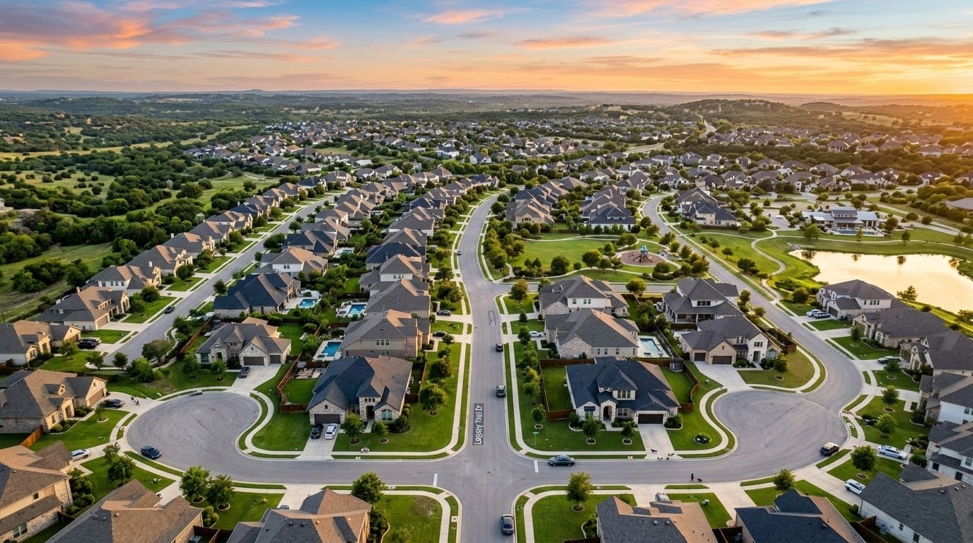 Master planned community aerial view Temple TX showing new construction homes and infrastructure