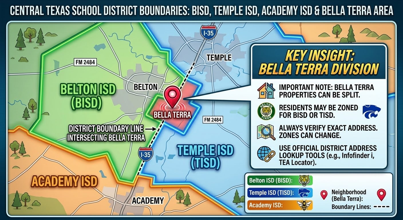 Bella Terra school district boundary map showing Belton ISD and Temple ISD split