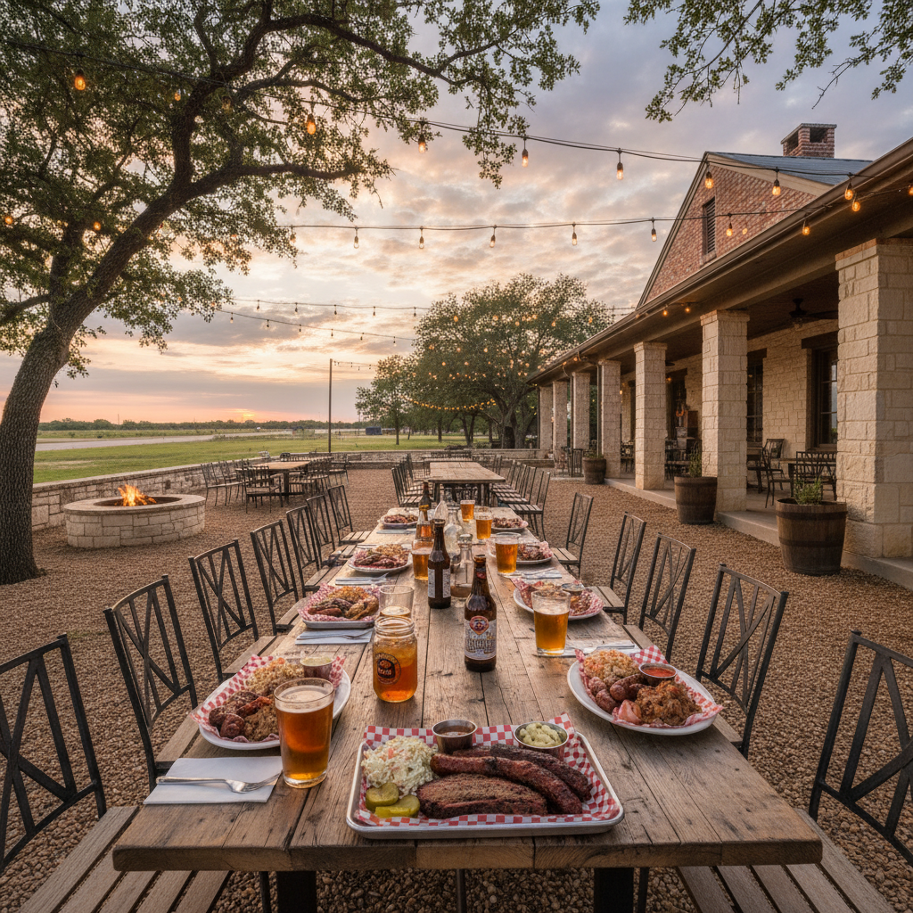 Cozy Texas restaurant patio with string lights, BBQ plates on rustic wooden table, craft beer