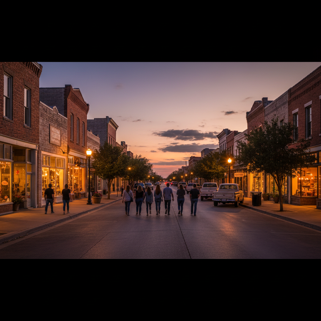 Small-town Texas main street at dusk with restored historic buildings and warm lighting