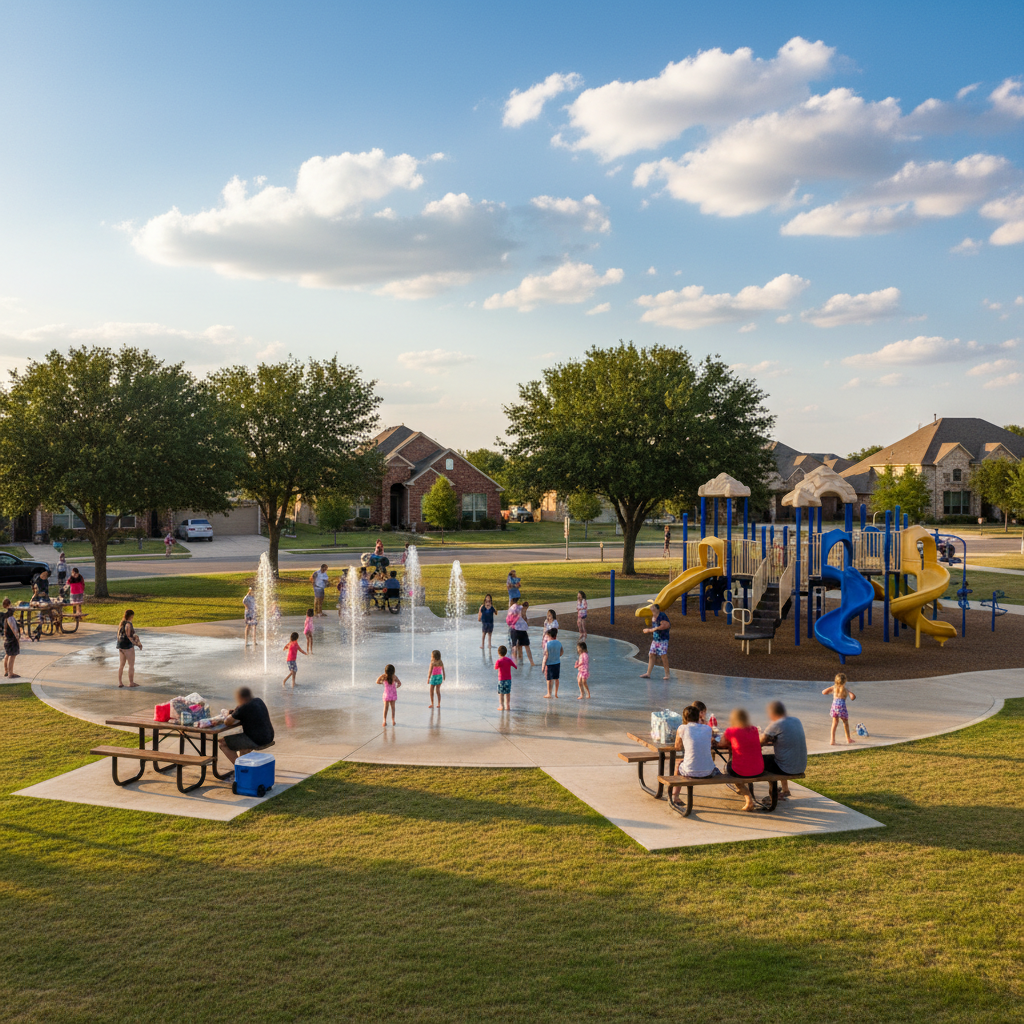 A Texas community park with splash pad, families enjoying a sunny afternoon with playground and shade trees