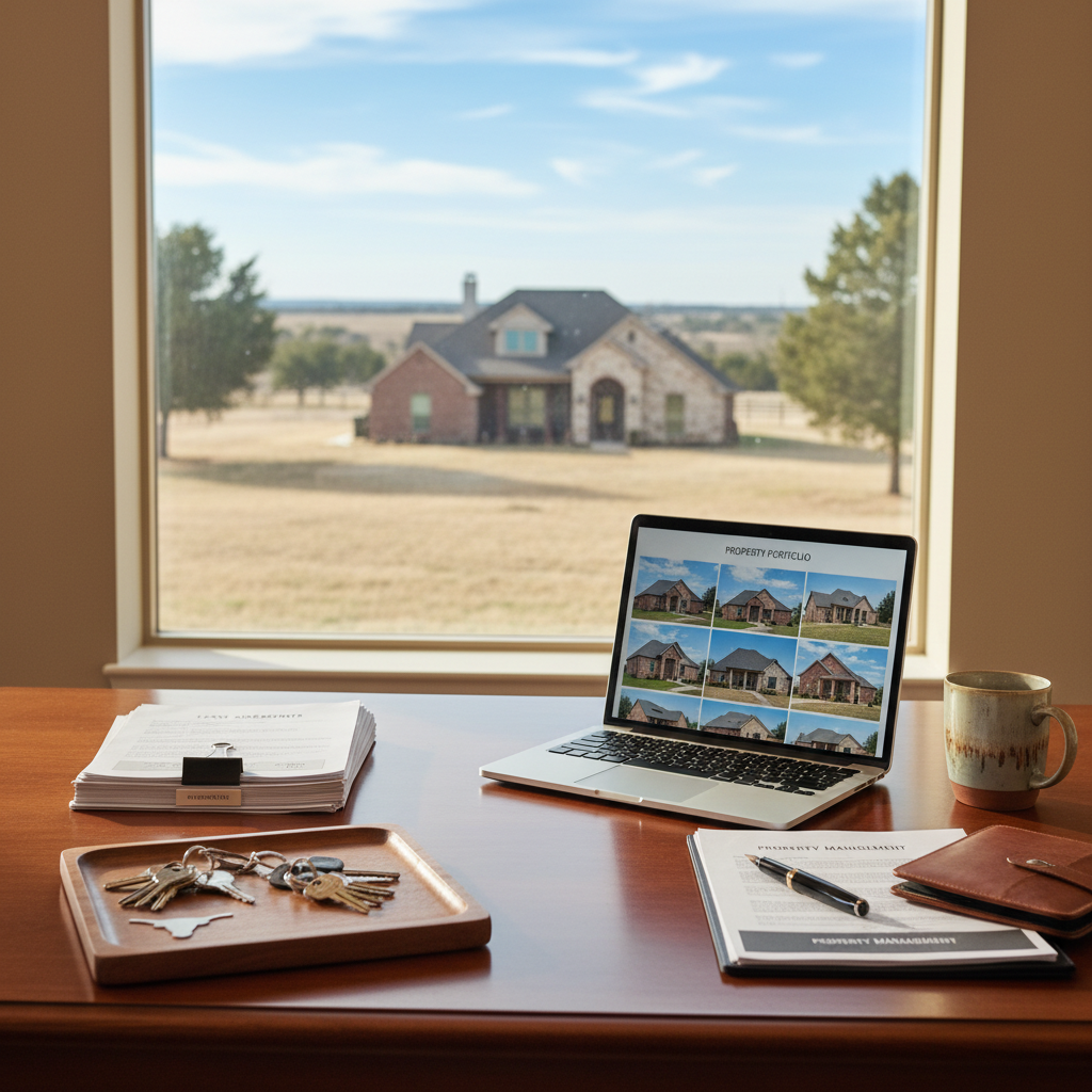 Property management workspace with documents and laptop for remote investor oversight