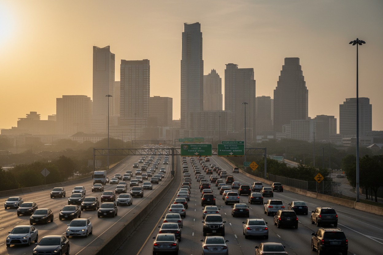 Austin Texas skyline and traffic for commute comparison