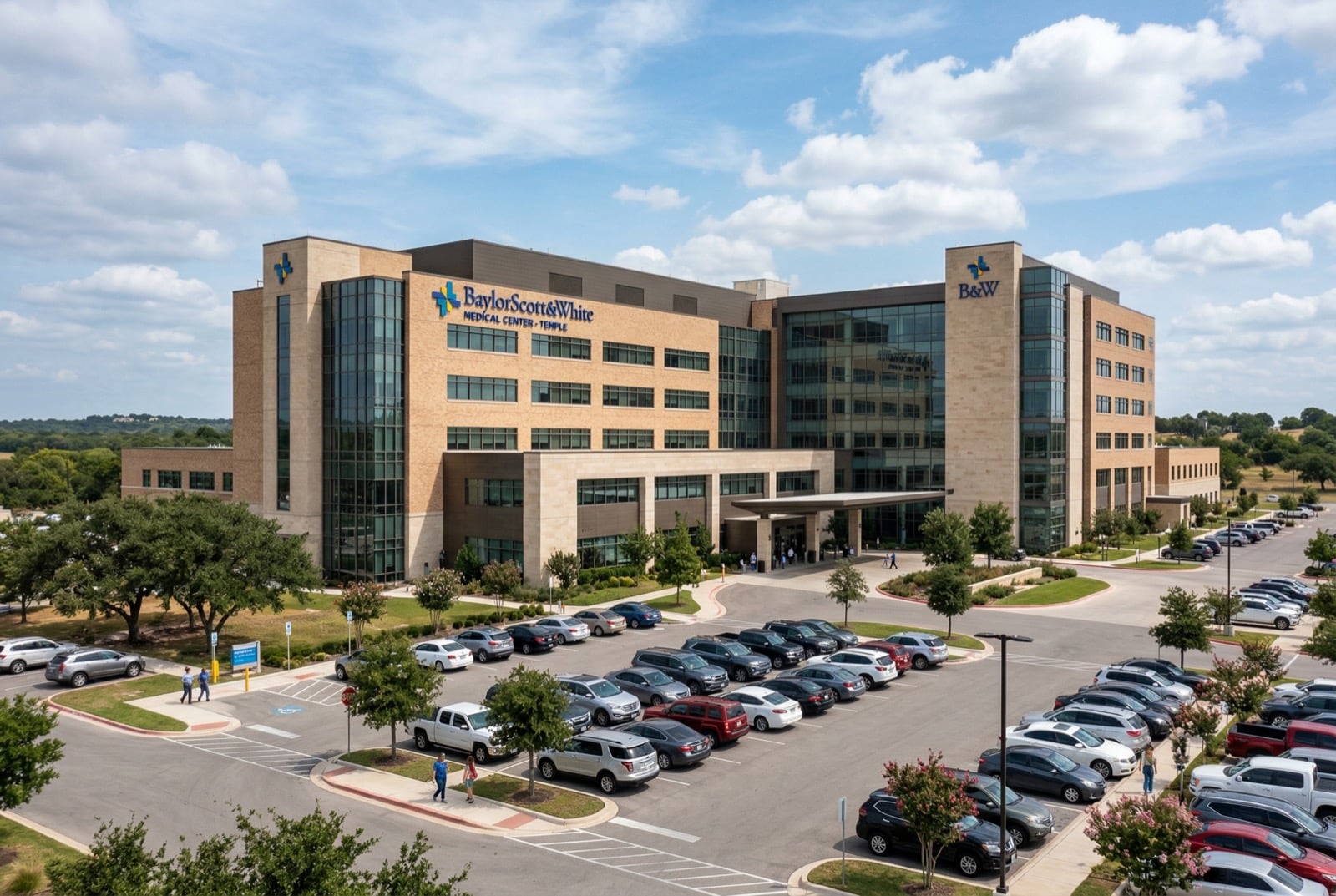 Baylor Scott and White Medical Center exterior in Temple TX - BSW campus where medical professionals commute daily