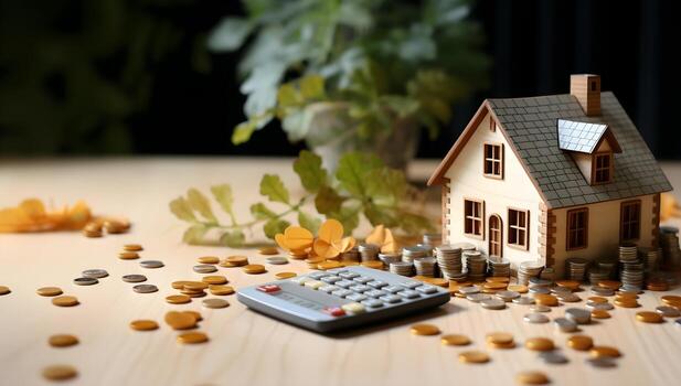 a-miniature-house-and-coins-are-placed-on-a-table-generative-ai-free-photo