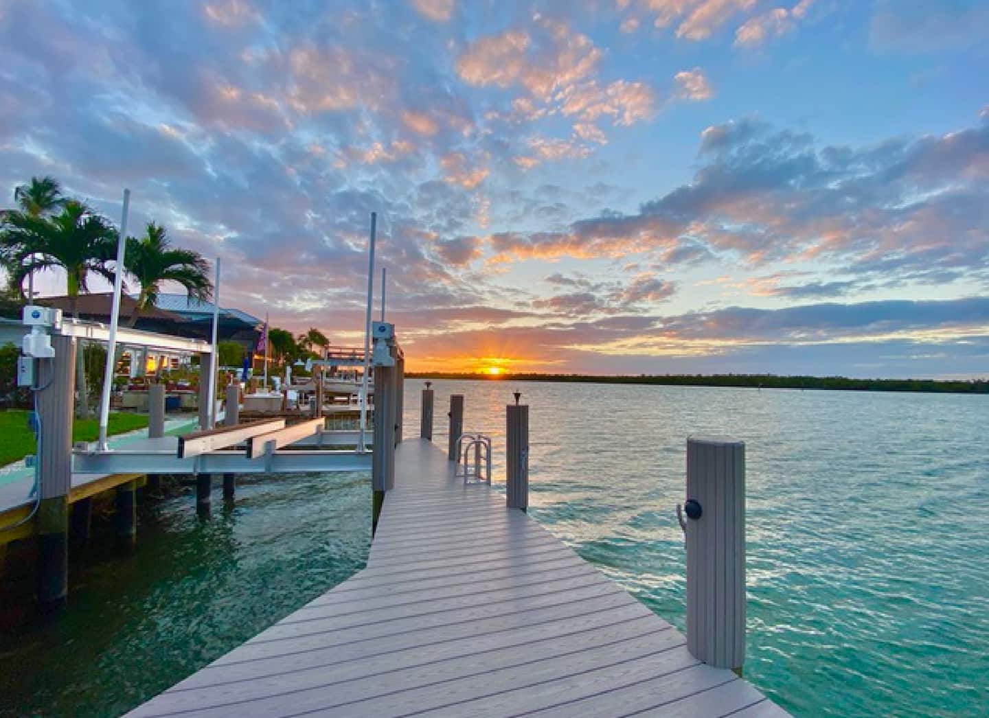 Private dock overlooking the bay at sunset