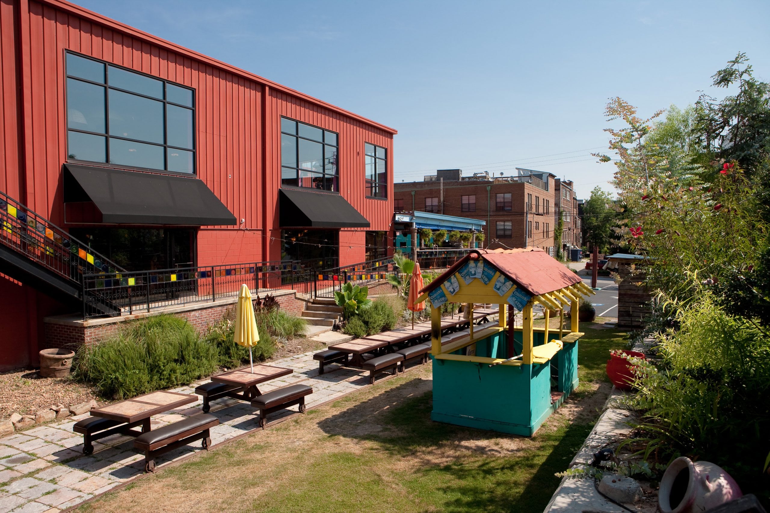 Red brick loft buildings and courtyard in Castleberry Hill, Atlanta