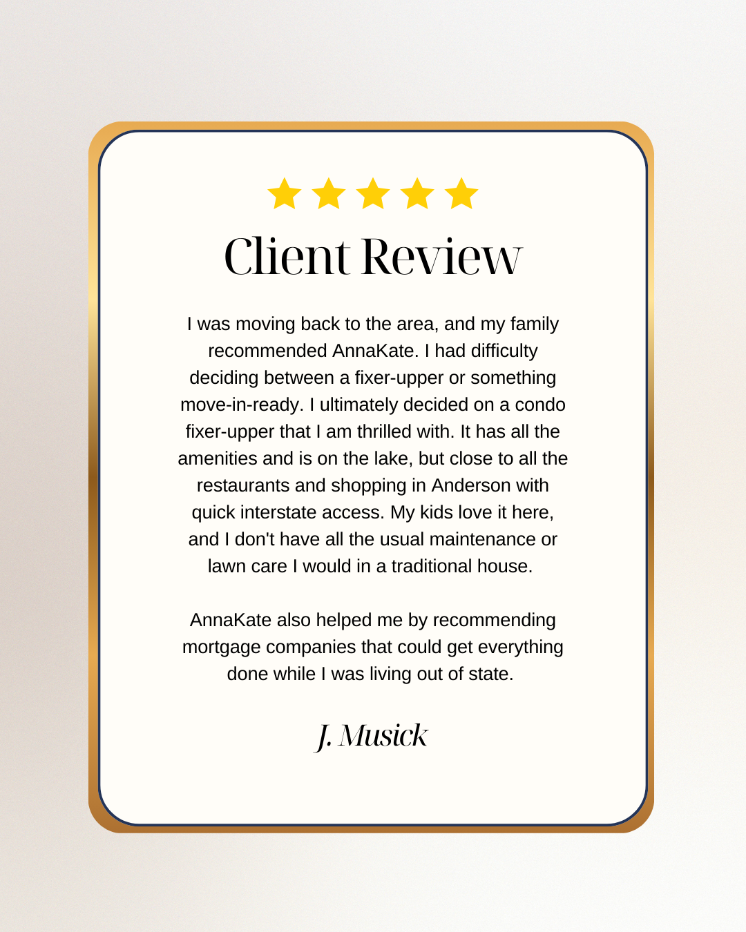 White and Yellow Classic Real Estate Client Review Testimonial Instagram Post